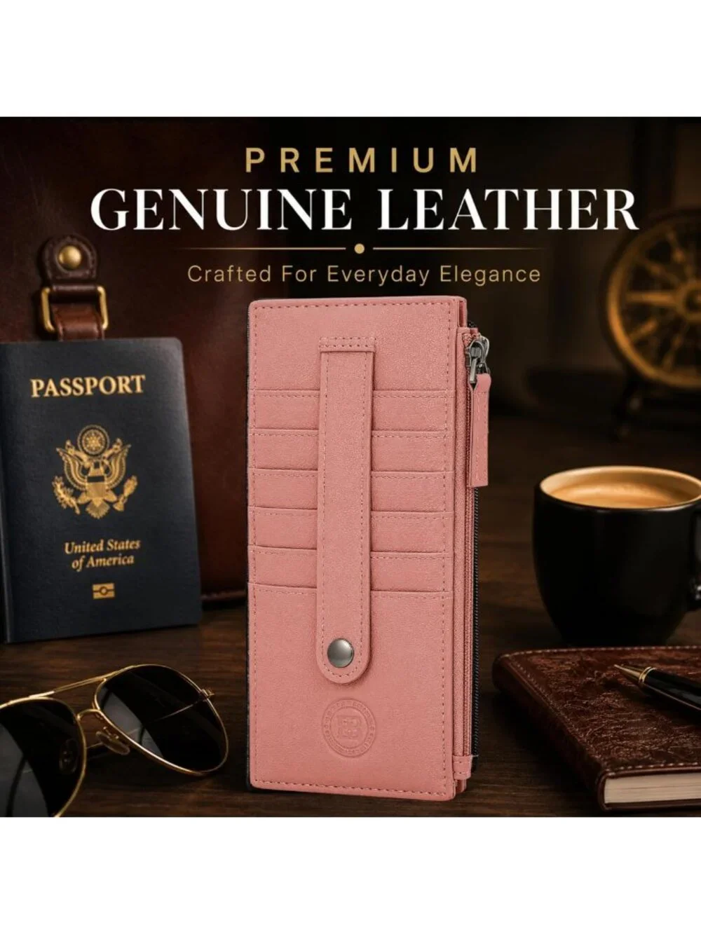Slim Leather Card Case Holder Wallet with Protection Strap - Peach Color